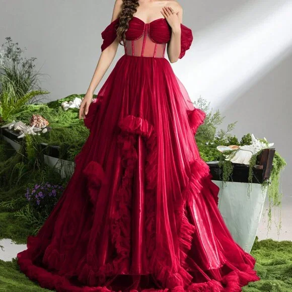 Burgundy Preppy Women's Off-Shoulder Evening Gown Burgundy Preppy Women's Off-Shoulder Evening Gown